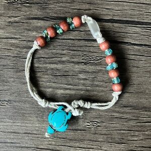 NWOT Adjustable hemp, sea glass and mixed bead bracelet - blue brown and tan